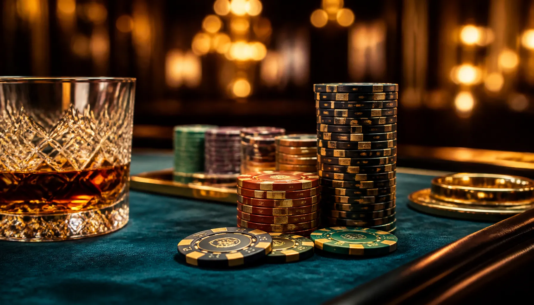 Ornate gold treasure chest overflowing with coins and gemstones on a dark velvet surface with warm cinematic lighting