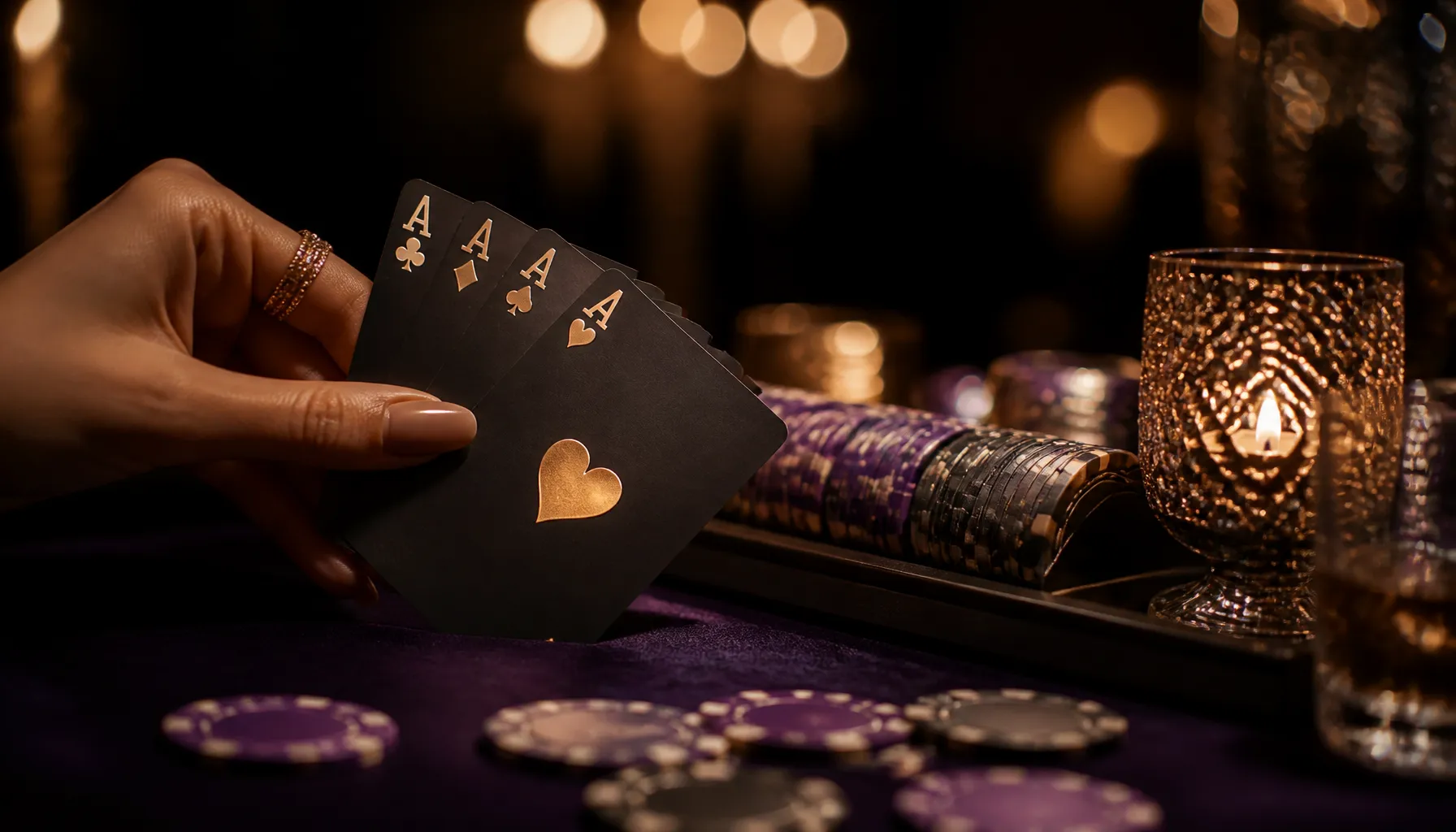 Ornate gold treasure chest overflowing with coins and gemstones on a dark velvet surface with warm cinematic lighting