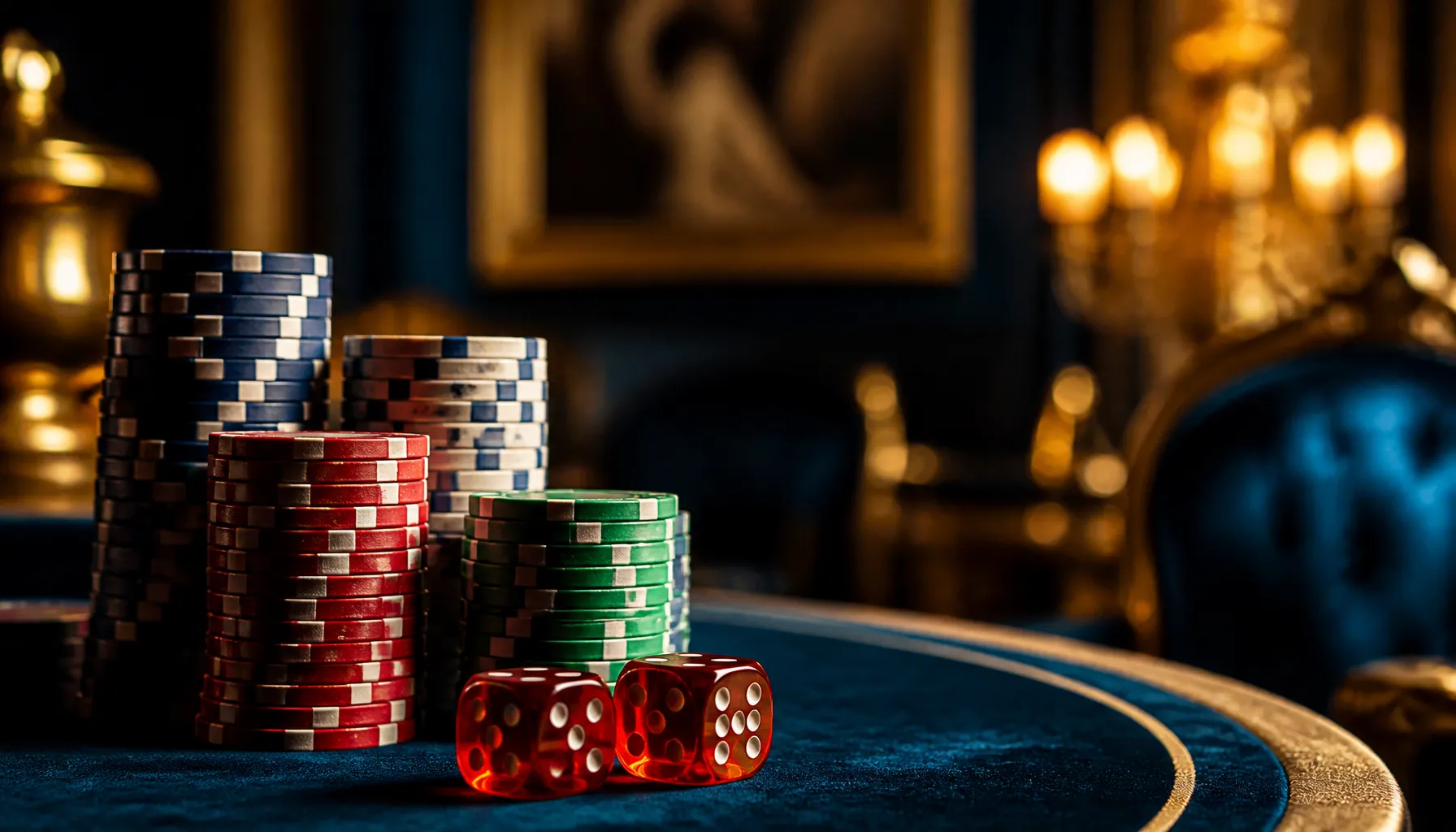 Ornate gold treasure chest overflowing with coins and gemstones on a dark velvet surface with warm cinematic lighting