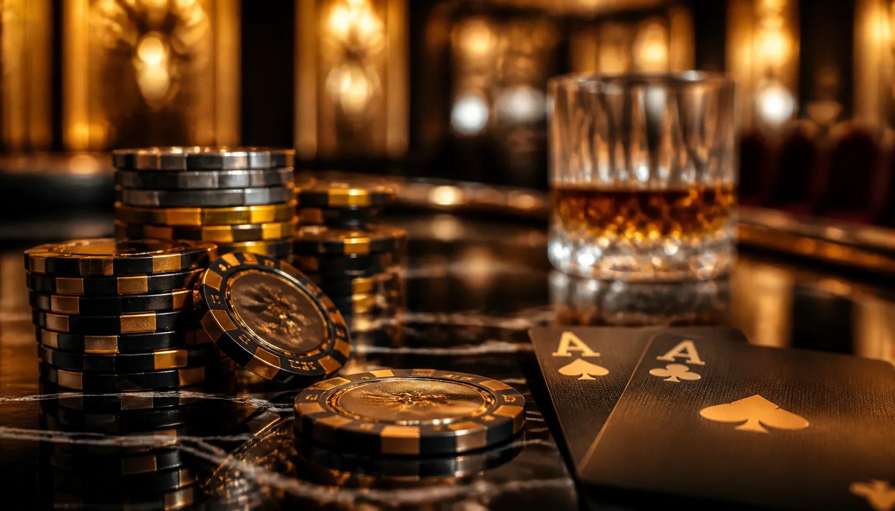 Ornate gold treasure chest overflowing with coins and gemstones on a dark velvet surface with warm cinematic lighting